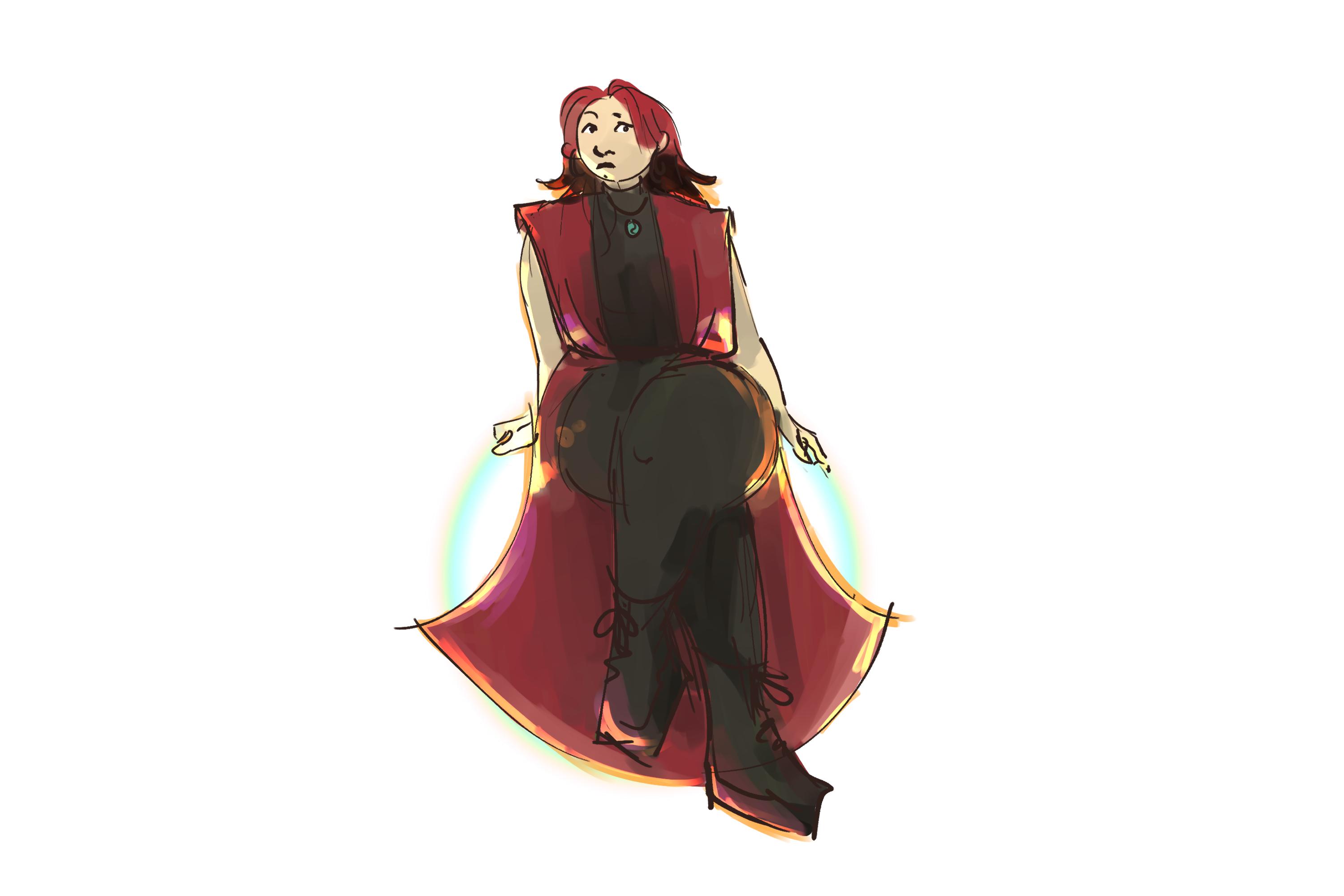 A drawing of a Cambodian woman with dyed red hair, a long red duster vest, and an all-black outfit otherwise, sitting on an orb of light. When you hover over her with the mouse, she's pictured slipping and falling backwards off aforementioned orb.